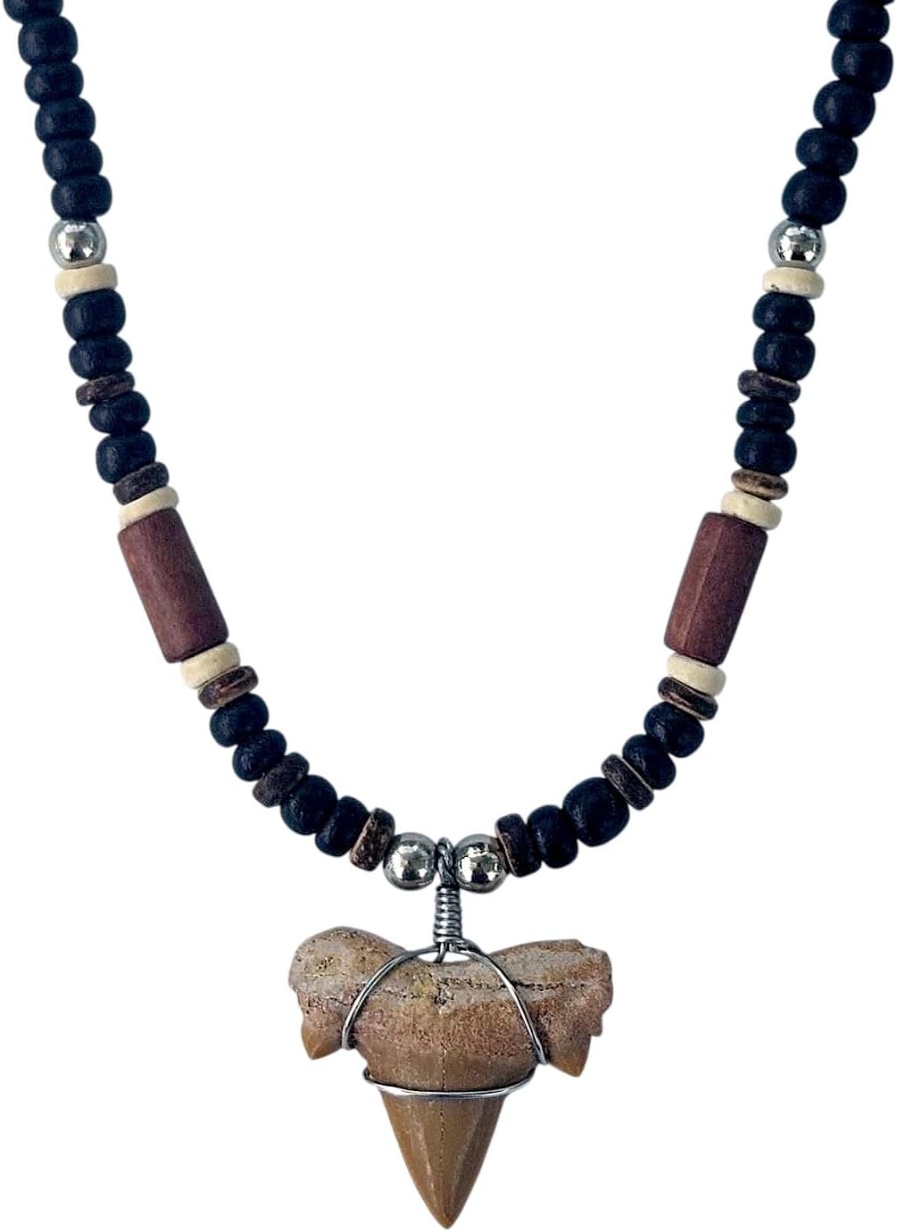 BlueRica Fossil Shark Tooth on Coconut Shell Beads Necklace (18" 2S)
