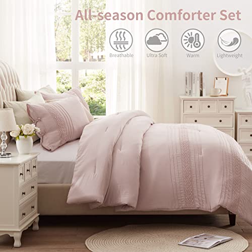 Semech Queen Comforter Set, Ultra Soft Lace Bedding Comforters Queen Size, 3 Piece Pink Queen Comforters For Queen Bed With 2 Pillow Shams (Rose Blush, 88"X88") #TOP3