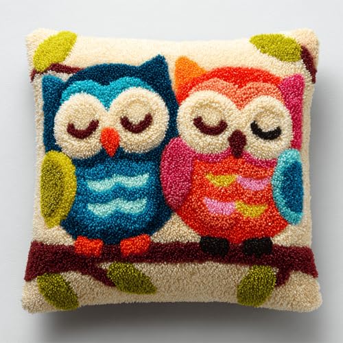 Kit Tapis au Point Noué Hibou 43x43 cm - DIY Latch Hook Coussin pour Débutants Adultes Enfants - Canevas à Faire Soi-Même Kit Crochet à la Main Prêt à Broder