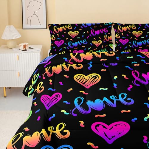Image of QOOMO Colorful Love Kids Bedding Set, Love Heart Print Comforter Set for Boys Girls Teen Room Decorat, Black Soft Lightweight Bed Set All Season Full Size, 1 Comforter Set 2 Pillowcases