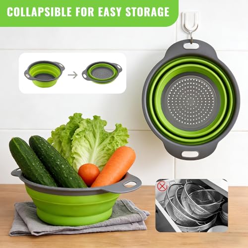 2 Pack Collapsible Silicone Colander with Handle, Over Sink Foldable Food Strainer, BPA-Free Space Saving Drain Basket for Vegetables, Fruits, Pasta, Kitchen & Camping (Green) by WHZHAOCAI - Image 3