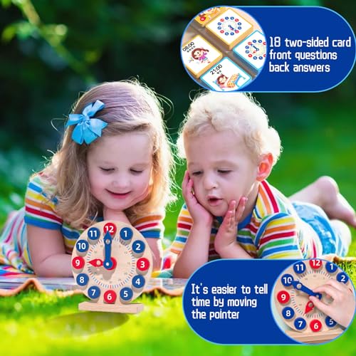 1Set Learning Clock for Kids Wooden Teaching Clock with 18 Reversible