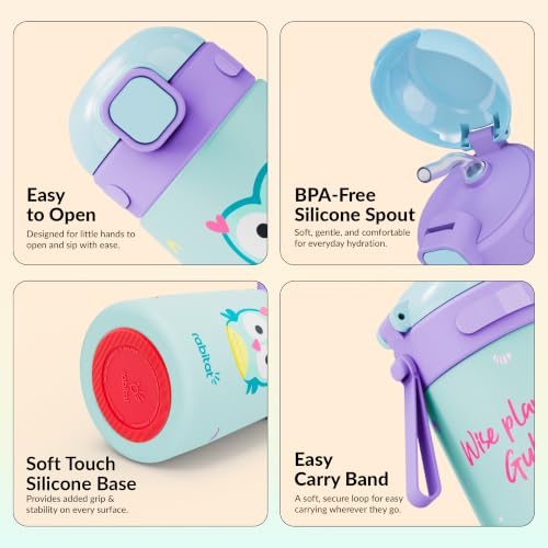 Image of rabitat Milo Personalized Stainless Steel Water Bottle 350ml | 2 Year Brand Warranty | BPA Free | Leakproof Steel Sipper Bottle for Kids | Flip Lock Lid with Straw | Easy Carry Handle Sky Hoot