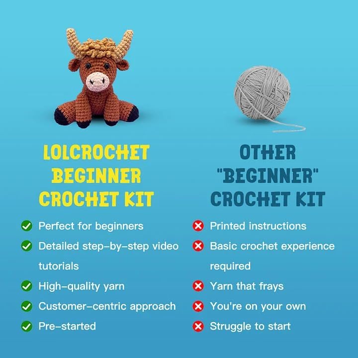 Miniatura 7 de Highland Cow - Kit de ganchillo para principiantes intermedios, 2 piezas de animales para manualidades, kit de inicio de ganchillo con video