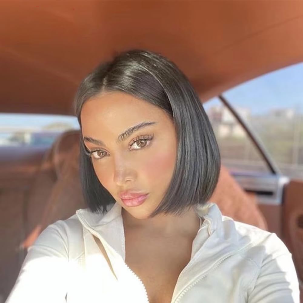 Amazon.com : oulaer Natural Black Lace Front Wig Blunt Cut  display picture 2