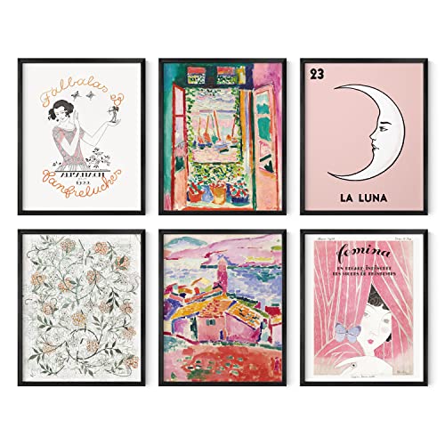 HAUS AND HUES Pink Wall Decor - Set of 6 Feminine Matisse Wall Art, Aesthetic Vintage Frameable Art Decor For Girls Room (Black Frame, 16x20)