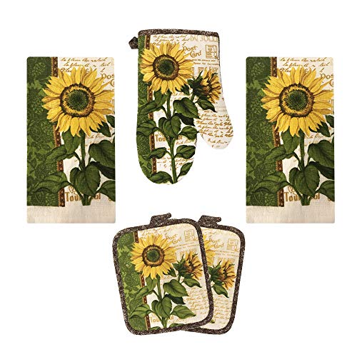 Lobyn Value Packs Kitchen Towel 5 Piece Linen Set 2 Towels 2 Pot Holders 1 Oven Mitt (Sunflower 2)