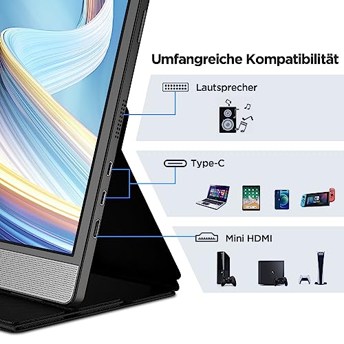 KOORUI Przenośny monitor 15,6 cala 1080P FHD USB-C laptop monitor HDMI wyświetlacz komputerowy IPS monitor do gier z wysokiej jakości inteligentną obudową i głośnikami, monitor zewnętrzny do laptopa PC Mac Phone
