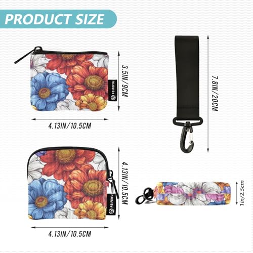 Retro Pattern Daisy Dahlia White Women's Card Cases Change Holder Large Capacity Key Chain Wallet Change Purse with Zipper Coin Pocket for Women Men 2 Pcs4