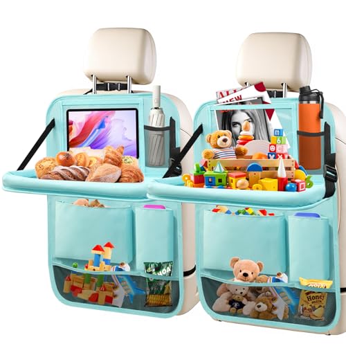 Image of 2Pack Car Backseat Organizer with Foldable Table Tray,6 Storage Pockets Car Storage Organizer with Tablet Holder,Car Seat Back Protectors Kick Mats Travel Accessories Blue