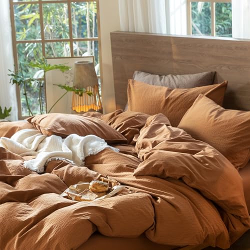 Image of MooMee Wavy Striped Duvet Cover Set 100% Washed Cotton Linen Like Textured Breathable Durable Soft Comfy (Dark Orange, Queen 90 inchx90 inch)