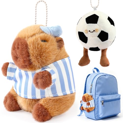 Mishopy 2PCS Capybara Plush Keyring, Realistic Mini Capybara Football with Clothes, Kids Party Bag Fillers, Boys Party Favours, Plush Keychains for Football Lovers