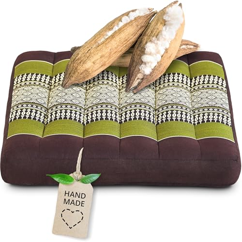 livasia Sitzkissen klein - 35x35x6cm - Bodenkissen Indoor/Outdoor, Meditationskissen Yogakissen, Stuhlauflage Palettenmöbel, Steppkissen Auflage Stuhl Bank handgefertigt (Braun/Grün)