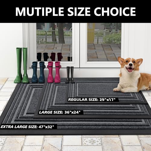 Buganda Floor Door Mat, Heavy Duty Doormat Outdoor Indoor, Natural Rubber Mat, Non Slip, Low Profile Outdoor Mat for Home Entrance, Garage, Patio Porch Farmhouse, 29x17, Grey