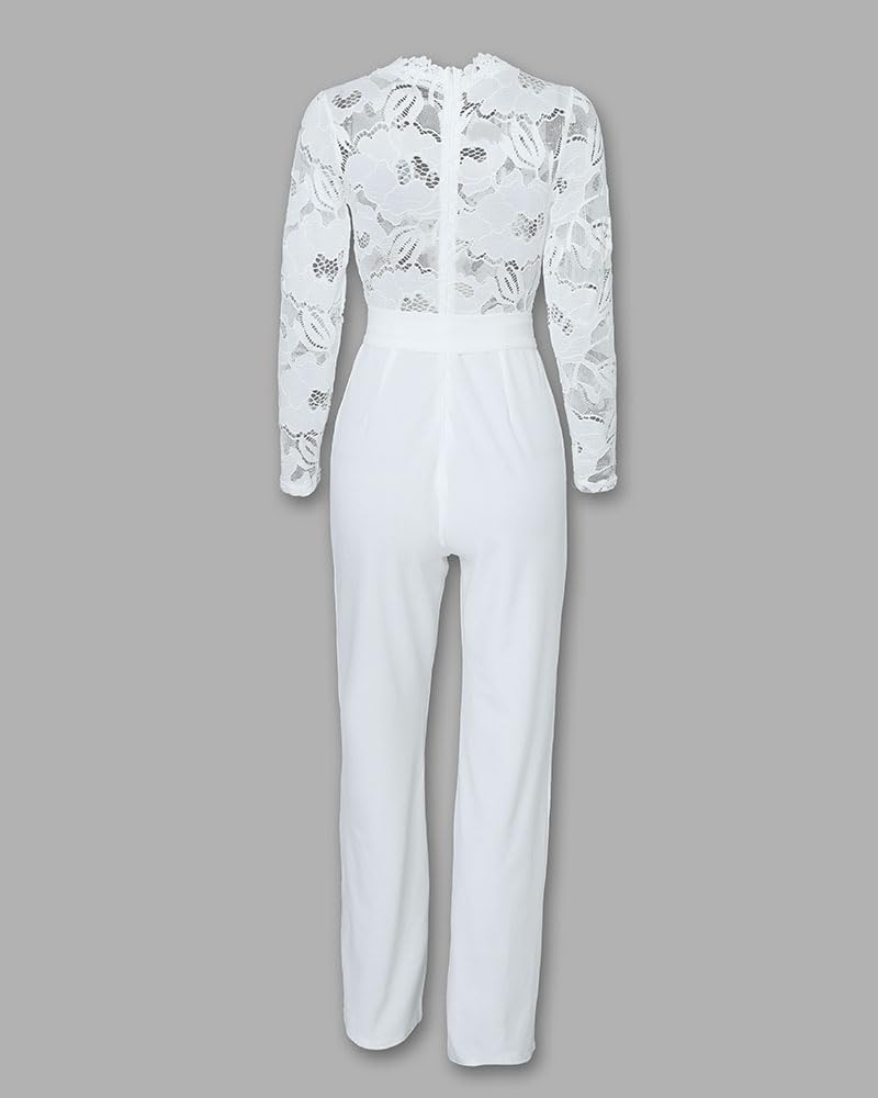 CHICME Womens Floral Lace Jumpsuit 2026 Deep V-Neck Casual Long Sleeve Ovearalls with Belt Pant Side Pockets - Image 6