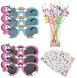 Unicorn Sunglasses + Reusable Unicorn Drinking Plastic Straws + Unicorn Stickers for Girls | Unicorn...