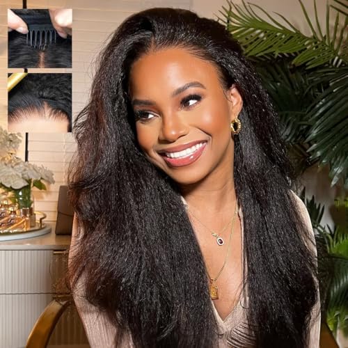 Nvnvdij Kinky Straight Half Wig Human Hair 3-in-1 Flip Over Headband Wig 18 Inch 180% Density Glueless Wear and Go Drawstring Half Wig Beginner Friendly Easy Install Natural Black for Black Women