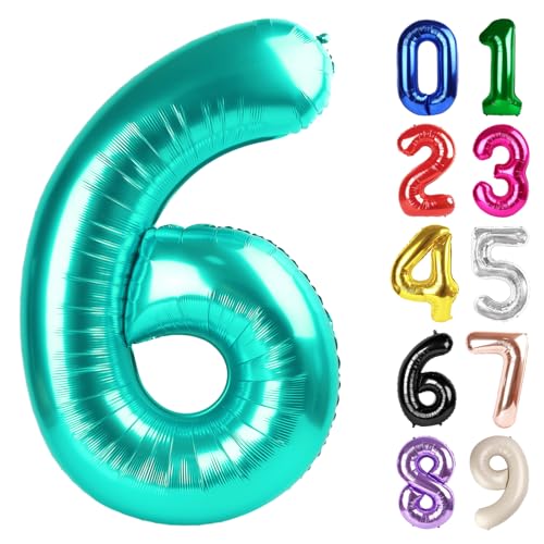 6 Balloon - Teal Birthday Number Balloons, 40 Inch Decorations Men Women