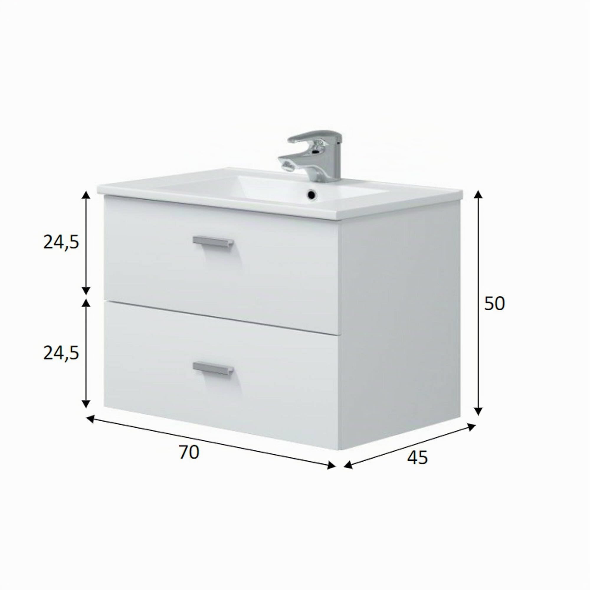 Dmora Mobile sottolavabo Denison, Mobiletto da Bagno, Contenitore Porta lavabo, Armadio per lavandino, 70x45 h50 cm, Bianco Lucido