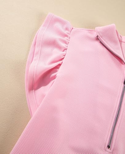 SELINK Two Piece Sets for Women Summer Outfits Ruffle Cap Sleeve Zip Top Wide Leg Pants Lounge Set Tracksuits Pink-M