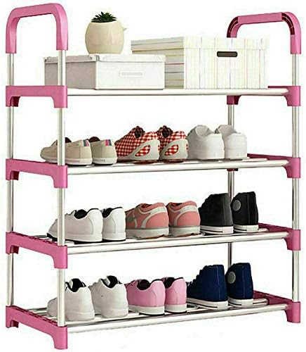 TRTO Pink Metal Shoe Rack Storage Organiser Stand Shelf Portable Cabinet Holder Easy To Use ( 4 Tier )
