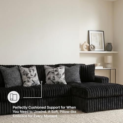 Image of Signature Design by Ashley Midnight-Madness 2-Piece Sectional Sofa with Chaise, Quick 5-Minute Assembly, L-Shaped Polyester Corduroy Couch for Living Rooms, 120 inch W x 65 inch D, Onyx Black
