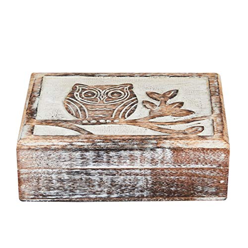 Wooden Owl Jewelry Box Organizer - Handmade Whitewash Decor Jewelry Organizer Box For Women Girls - Decorative Keepsake Box Treasure Chest Trinket Holder Box 7X5 Inches Anniversary Housewarming Gifts #TOP5