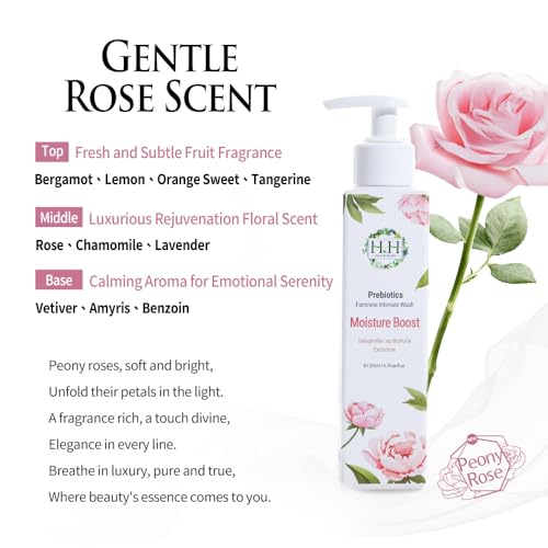 Image of HH Herb & Health Prebiotics Feminine Wash for Women, Moisture Boost, pH3.6 Cleanser with Botanical Extracts, Hydrating Intimate Care for Odor, Dry Skin, Rose Scent