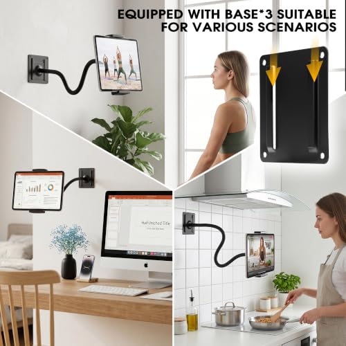 Image of Tablet /iPad Wall Mount Holder With 3*Universal Bases Easily Switch Scenario | Gooseneck 360 Rotating Metal Tablet Wall Mount,iPad Wall Mount,4-13 iPad Pro Air /Smartphone /eReader /Kindle Fire /Galaxy Tab