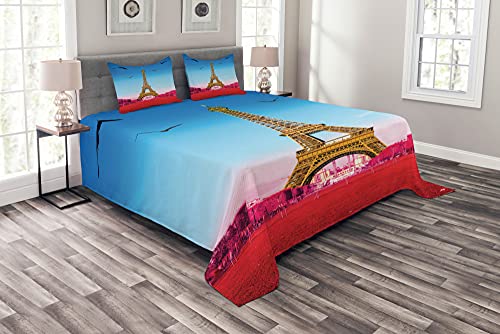 ABAKUHAUS Paris Tagesdecke Set, Abstract Grass Eiffelturm, Set mit Kissenbezügen Weicher Stoff, 220 x 220 cm, Fuchsia & Blau