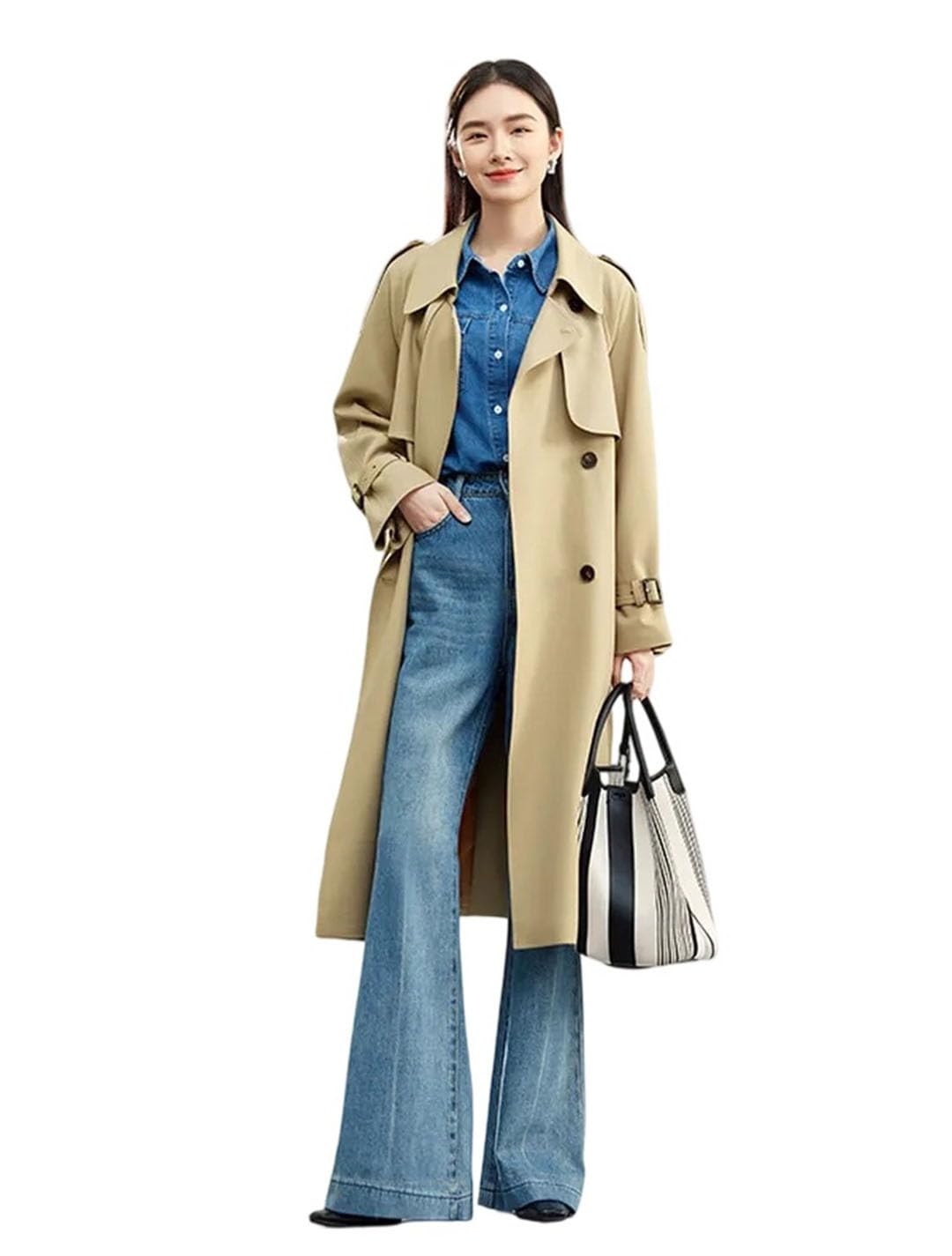 Women Korean Style Commute Trench Coat For Spring Double Breasted Mid-Length Overcoat