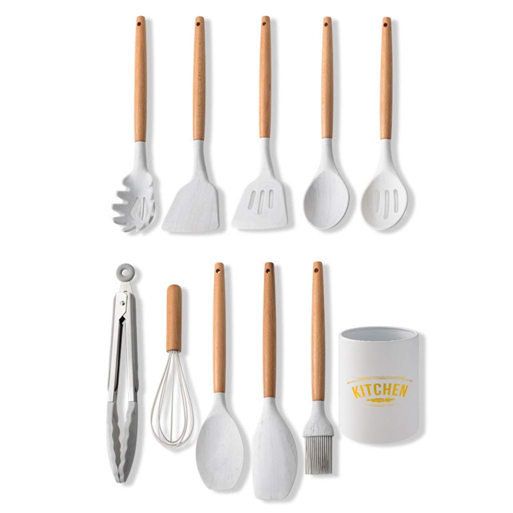 Équipement de cuisine Cuisine silicone Ustensile Ensemble Ustensile de cuisine Sets avec support - 11 PCS poignée en bois Ustensiles de cuisine antiadhésives Gadgets, blanc Accessoires de cuisine