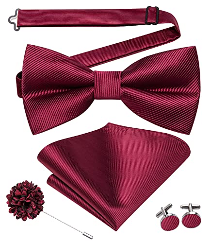 Image of Hi-Tie Burgundy Men Bowtie Pre-Tied Pocket Square Lapel Pin Sets Cufflinks Mens Bowtie Sets for Wedding Formal Party