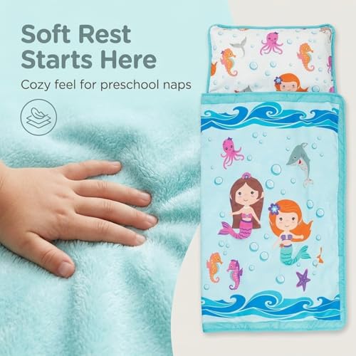 Image of EVERYDAY KIDS Toddler Nap Mat with Removable Pillow -Underwater Mermaids- Carry Handle with Fastening Straps Closure, Rollup Design, Soft Microfiber for Preschool, Daycare Sleeping Bag, Ages 2-6 years