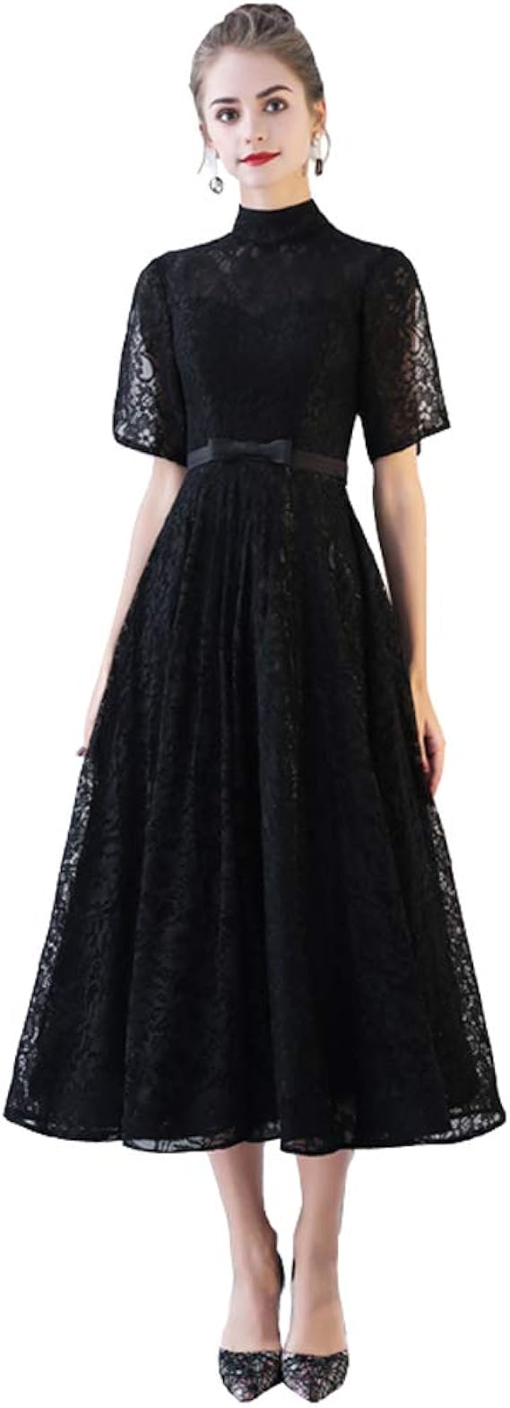 Amazon ハイネックドレス ブラック パーティードレス 大きいサイズ 半袖ドレス 小さいサイズ ドレス 結婚式 代 パーティードレス 30代 レッド ブラックフォーマル 二次会 披露宴 発表会 演奏会 イブニングドレス 通販