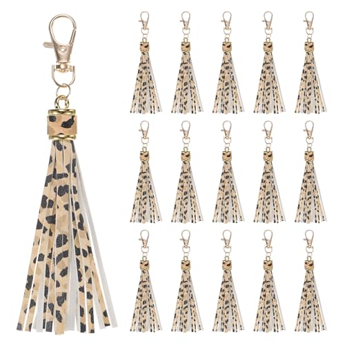 M METERXITY 18-Pack PU Leather Tassel 5.9 Inch Small Keychain Rust Faux Leather Tassels Charm Leopard Print with Rings for DIY Crafts/Keychain/Earrings/Bracelets/Necklace