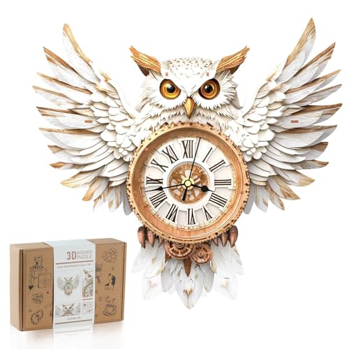 Rnfinewow 3D Wooden Puzzles for Adults,Snowy Owl DIY Clock Kit with Pendulum Idea,Beginner 3D Puzzles Model Kit Crafts - Hobbies Birthday Christmas Day Gift for Teens Adults