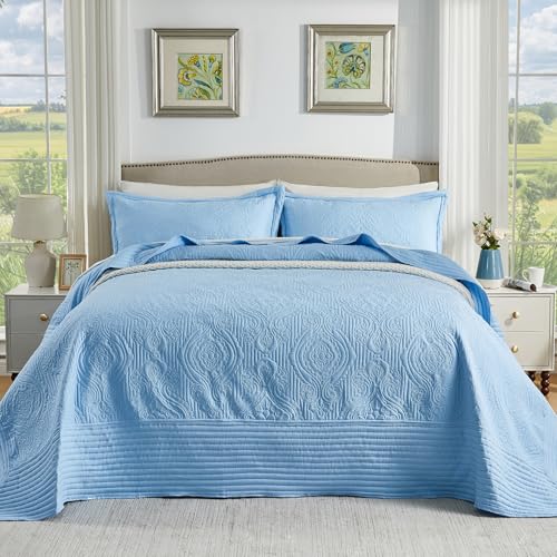 Image of ENJOHOS Light Blue California King Quilt Set, Oversized King Bedspreads 128x120, 3 Piece Soft Lightweight Extra Wide Microfiber Quilts, Vintage Boho Striped Pattern Summer Coverlet