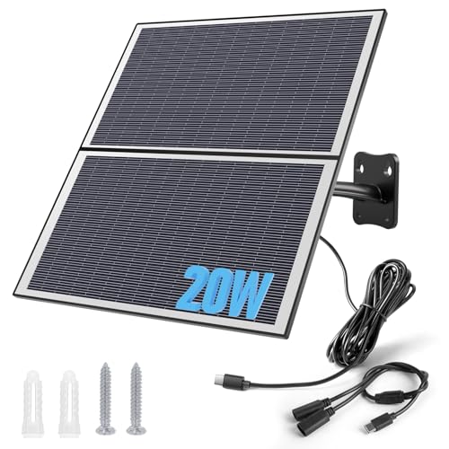 Xega 20W Panneau Solaire pour Batterie Caméra de Surveillance Extérieure, Interface Type-C, Cnnection Câble de 3 mètres, Noir