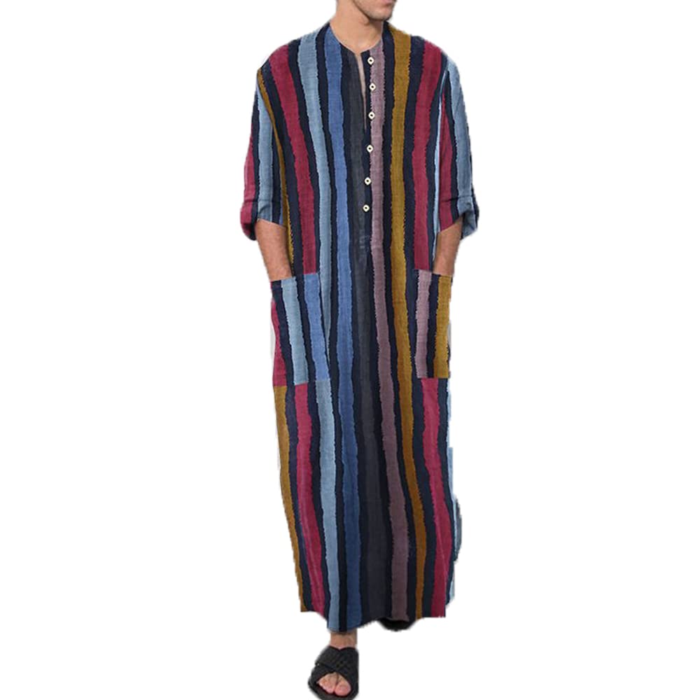 Dotbuy-Shop Men's Red Muslim Robe Islamic Thobe Long Sleeve Kaftan Abaya Middle East Dubai Loose Casual Ethnic Clothing Jalabiya Gown Shirt For