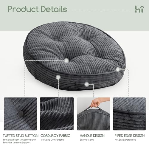 HIGOGOGO Floor Pillow Cushion for Adults, Meditation Cushion Pillow, Large Round Floor Sitting, Tufted Corduroy Cover, for Tatami Living Room or Yoga, 22x22 Inch, 2Pack, Dark Grey by HIGOGOGO - Image 3