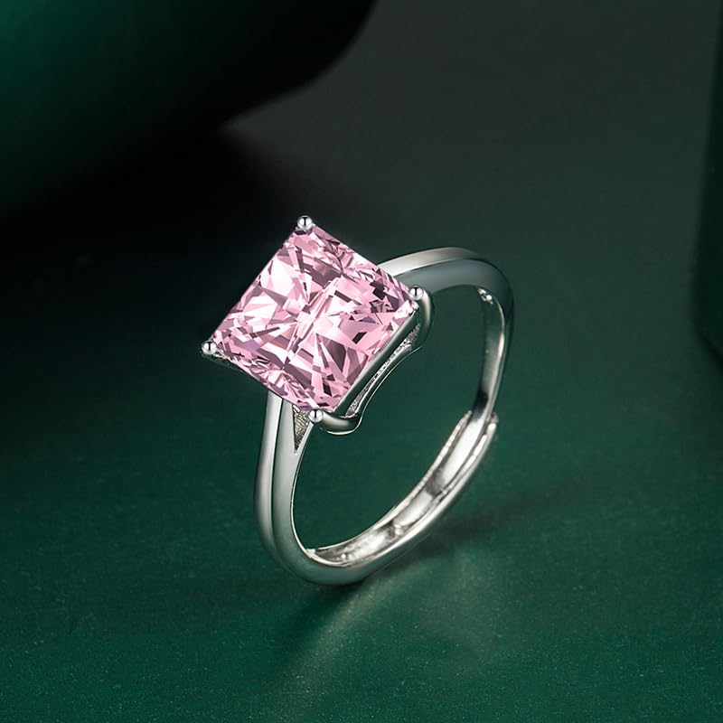 3CT Promise Rings Simulated Yellow/Purple/Red/Blue/Pink Diamond Cubic Zirconia Ring for Women Radiant Cut Sterling Silver Bands Square Design for Wedding Engagement Present(Pink)2