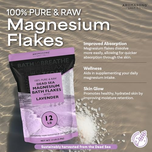 Aromasong RAW Magnesium Bath Flakes with 100% Natural Lavender, 12 Lb. Bulk Muscle Relaxing Organic Salts Mg Chloride, Mineral Soak Salt.