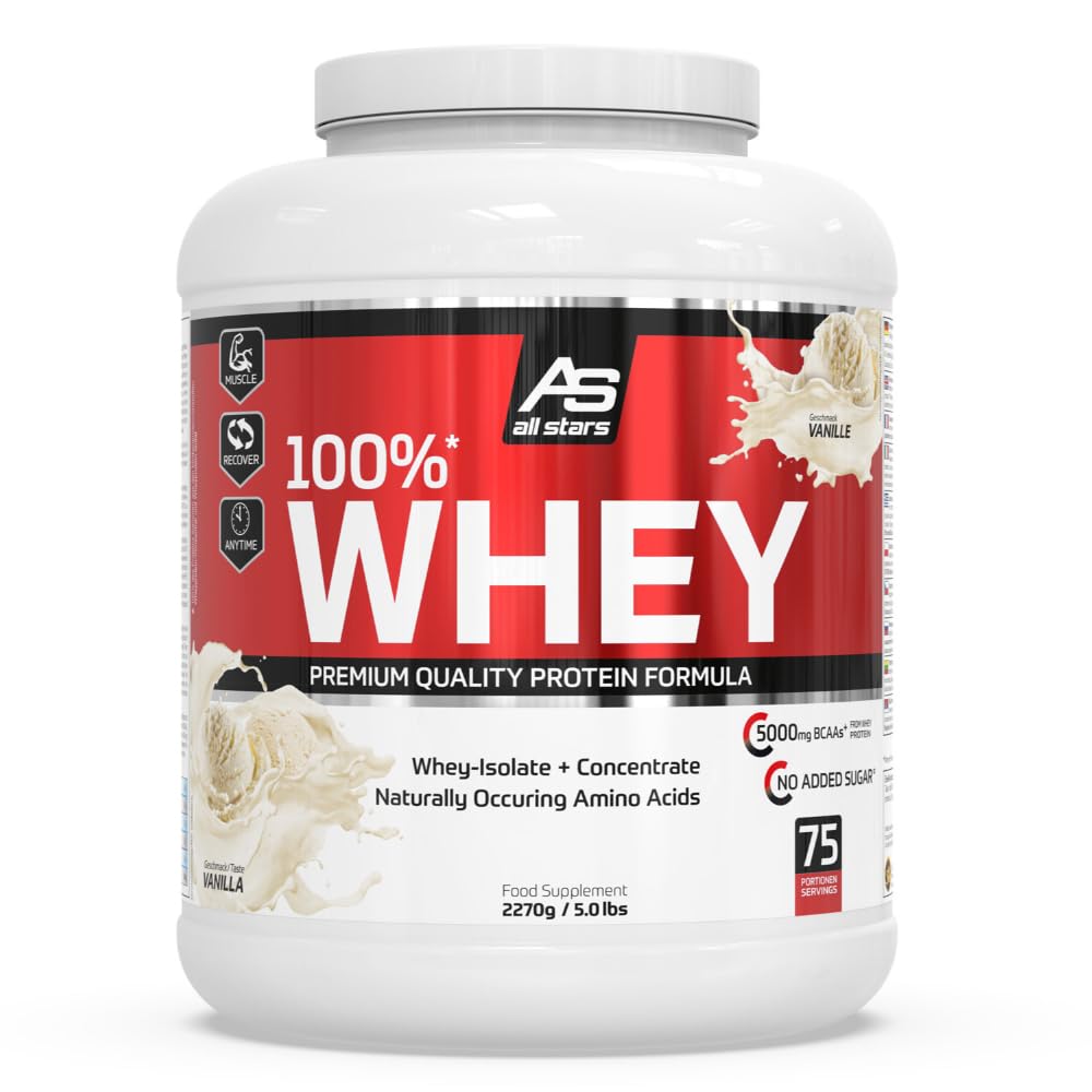ALL STARS 100% Whey Protein Pulver 2270g Vanilla - Cremiger Shake mit bis zu 80% Eiweiß, Enthält wertvolle Aminosäuren, Fettarm & kohlenhydratarm - 1