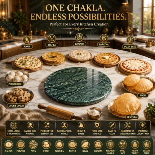 Image of 11 Inch Green Marble Chakla | Large Size Marble Roti Rolling Board | Premium Stone Chakla for Roti, Chapati, Phulka & Paratha Making | Smooth Finish Heavy Duty Dough Rolling Board for Home Kitchen