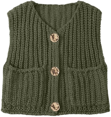 Image of UEU Womens Chunky Sweater Vest Button Down Sleeveless Cardigan V Neck Crop Crochet Knit Tops 2025 Fashion Trendy Clothes