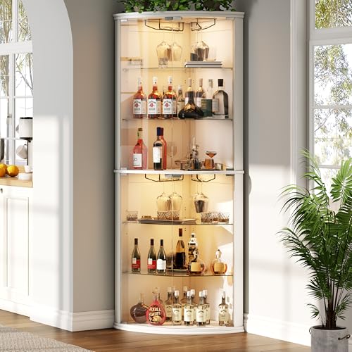 Loomie 70\" Corner Bar Cabinet with LED Lights, 6-Tier Modern Wine Cabinet with Glass Door & Glass Holder, Tall Home Bar Liquor Cabinet with Adjustable Shelves for Dining Room, Living Room (White)
