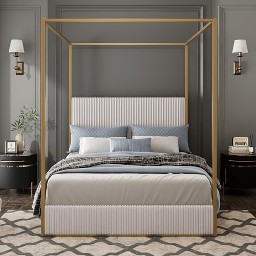 Merax Modern Luxury King Metal Canopy Bed with Tall Upholstered Headboard and Gold Four Poster, No Box Spring Needed, Beige