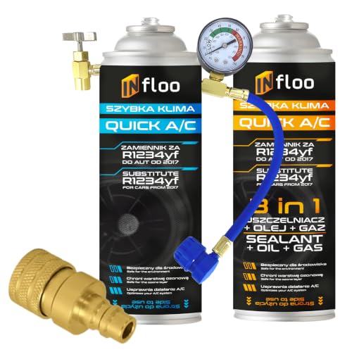 INfloo Quick A/C R1234yf Gas + 3-in-1 Dichtmittel + Schlauch mit Manometer + R1234yf Adapter + Handschuhe | Klimaanlagen-Set zum Befüllen & Abdichten