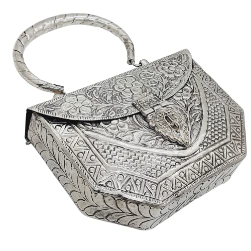 Image of Trend Overseas Women's Silver Brass Metal Handle Clutch Handmade Antique Ethnic Hand Clutch